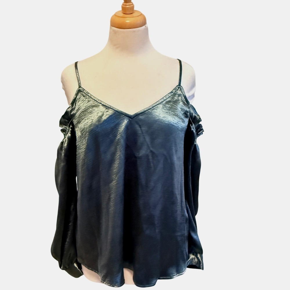 Belle Sky Green Satin Cold Shoulder Top Sz Med Cuff Sleeves Whimsigoth Witchcore